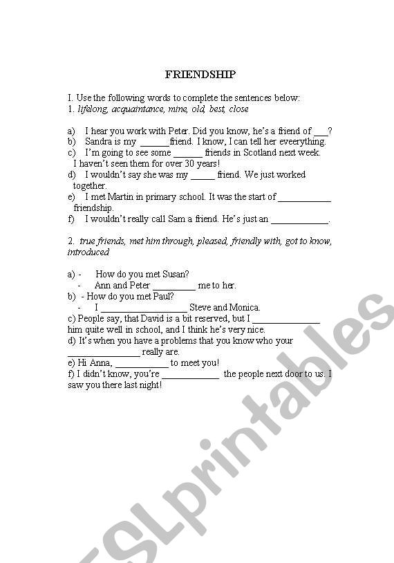 Friendship worksheet