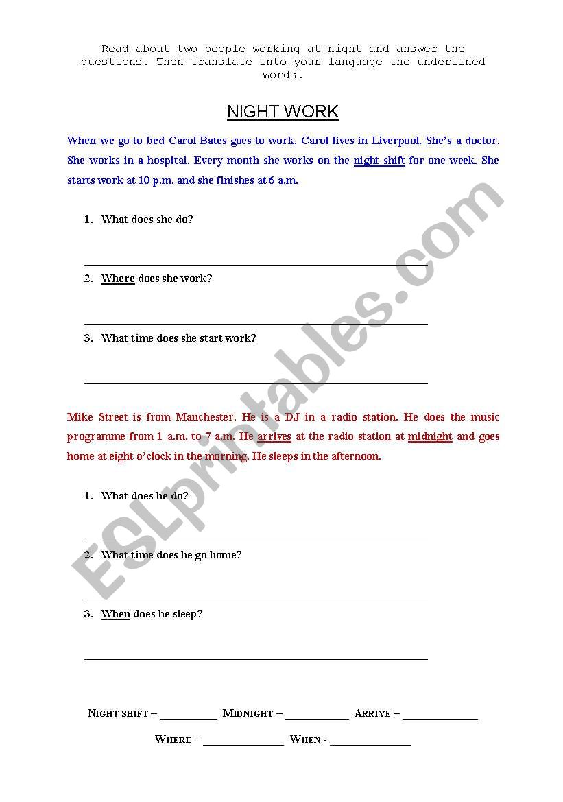 NIGHT WORK worksheet