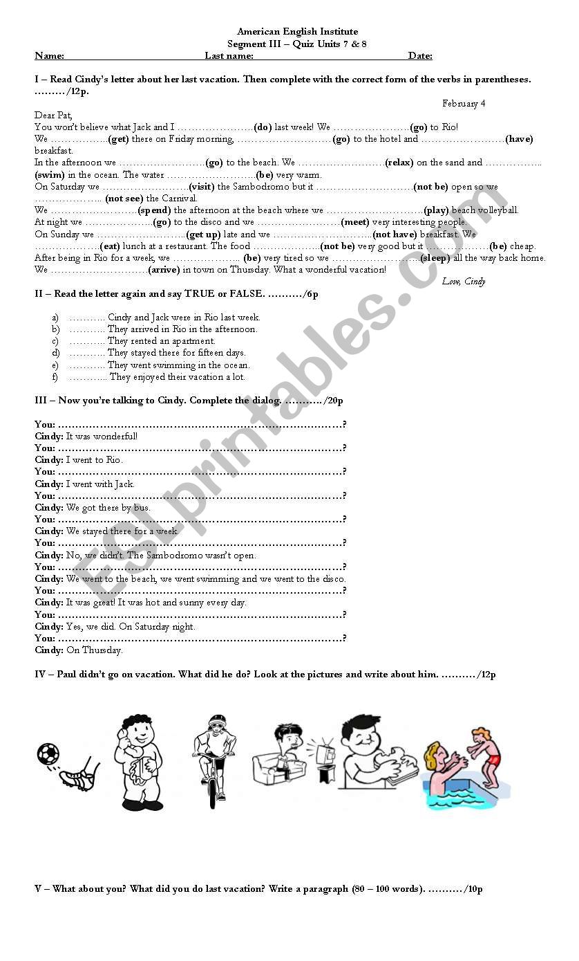 Last Vacations - test worksheet