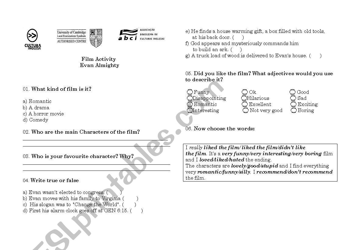 Evan Almighty -film class worksheet