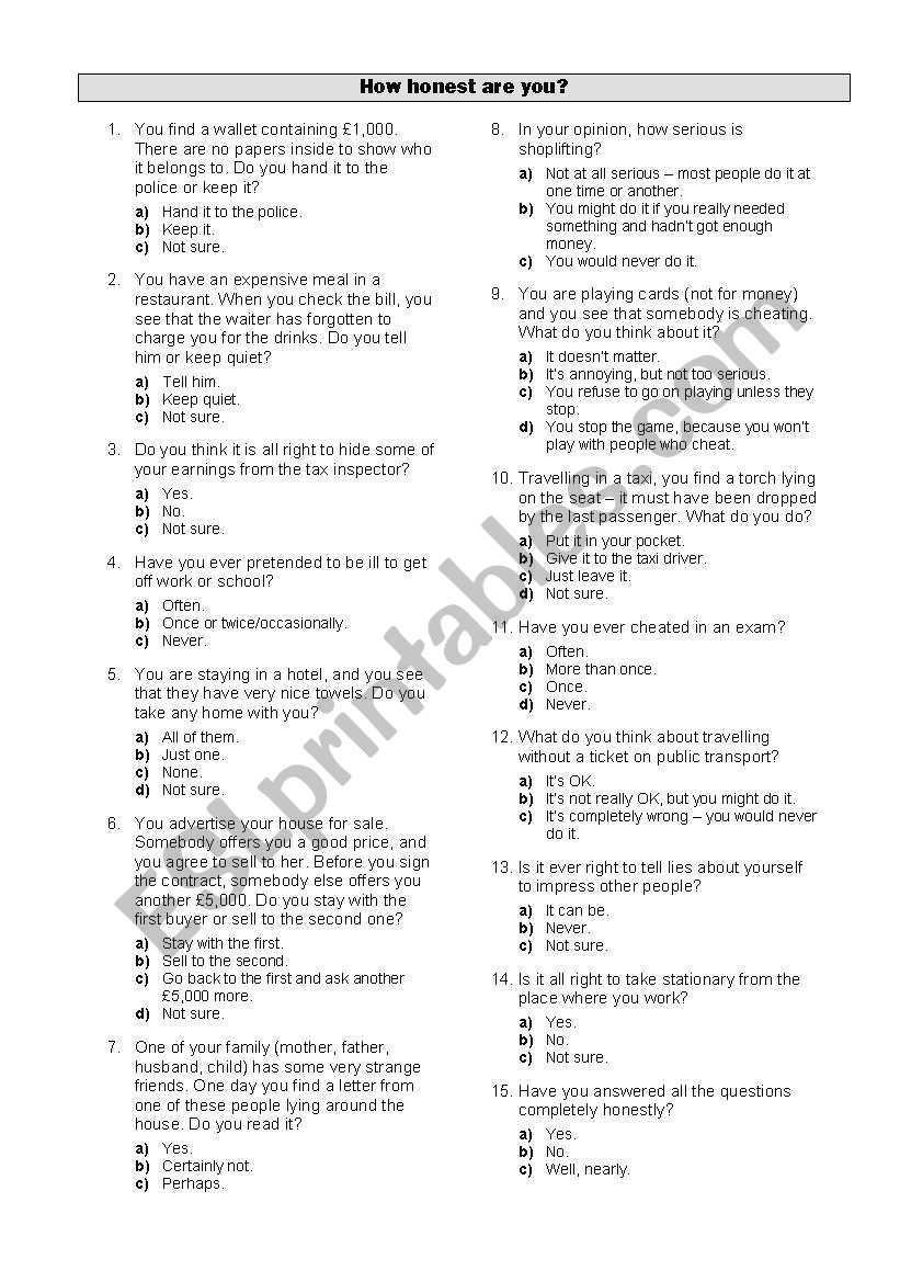 How honest are you? worksheet