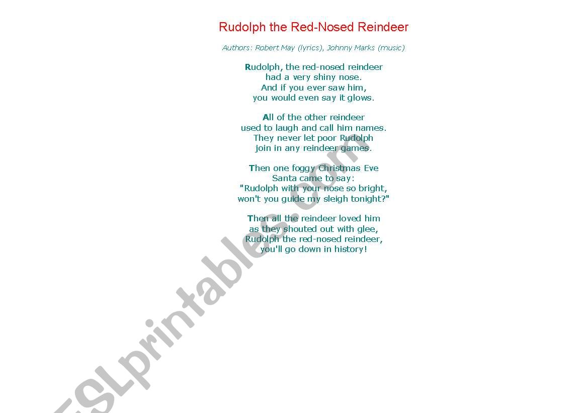 Rudolph song worksheet