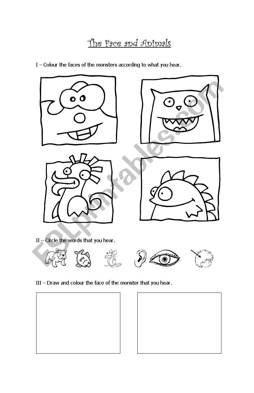 The face and animals worksheet