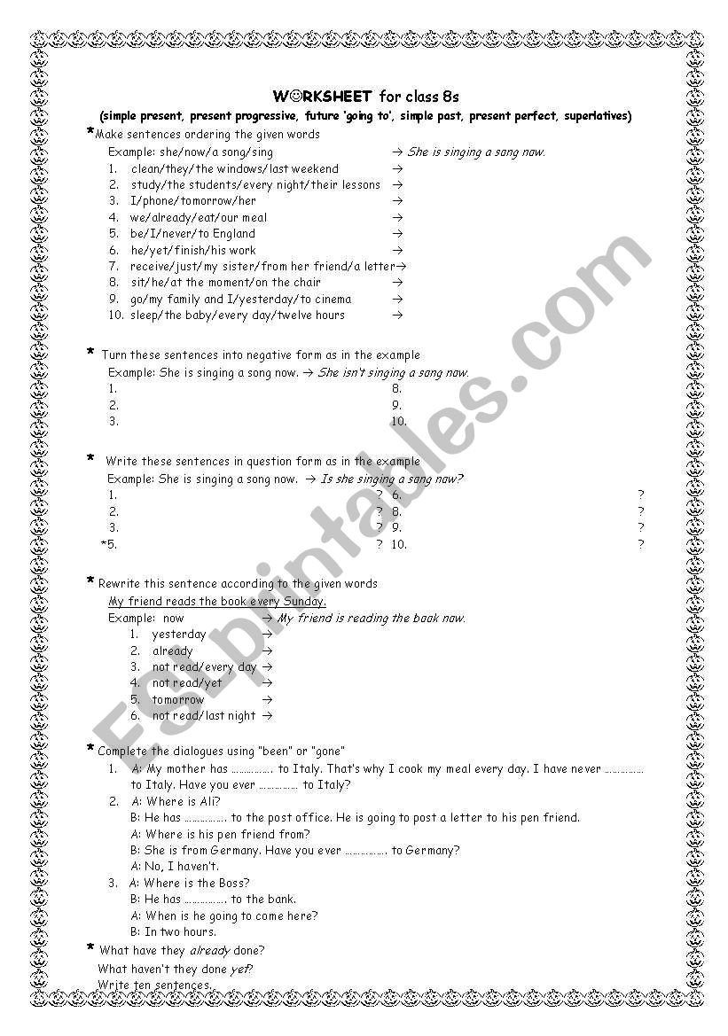 (simple present, present progressive, future going to, simple past, present perfect, superlatives