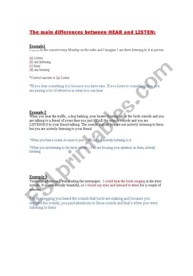 hear and listen worksheet