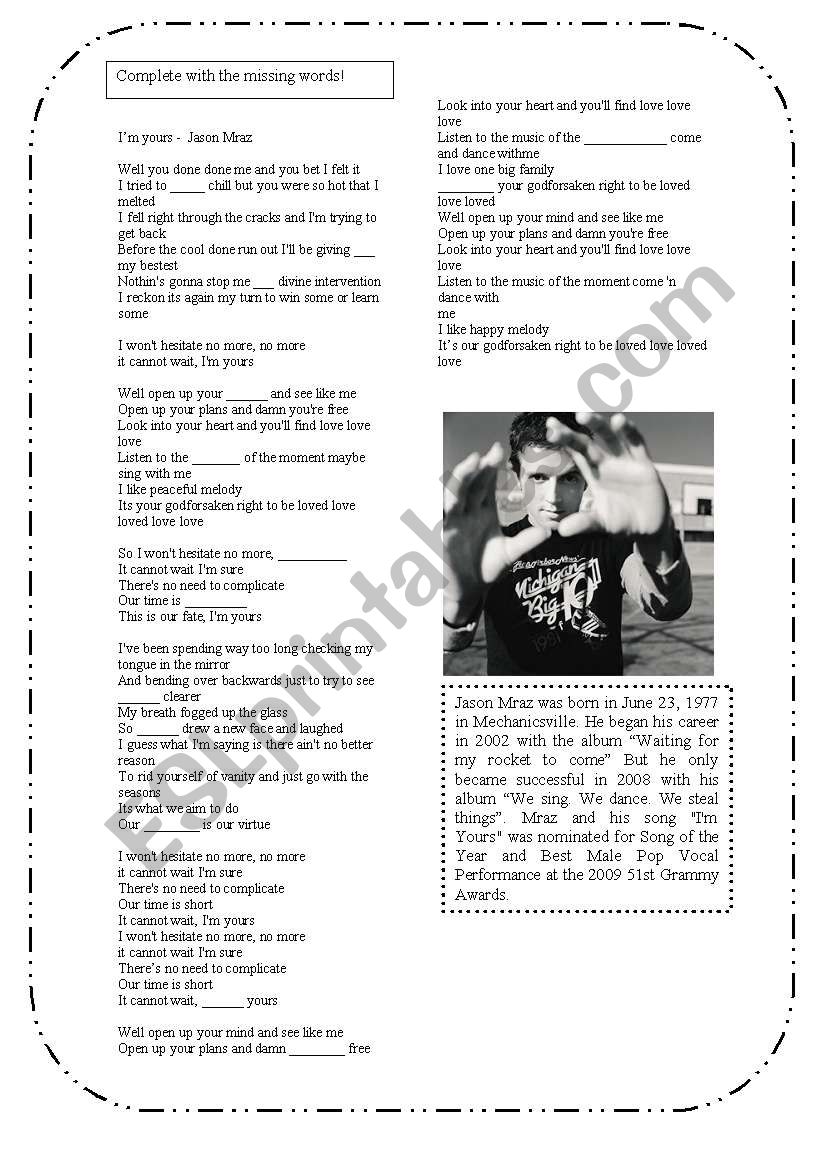 IÂ´m yours - Jason Mraz worksheet