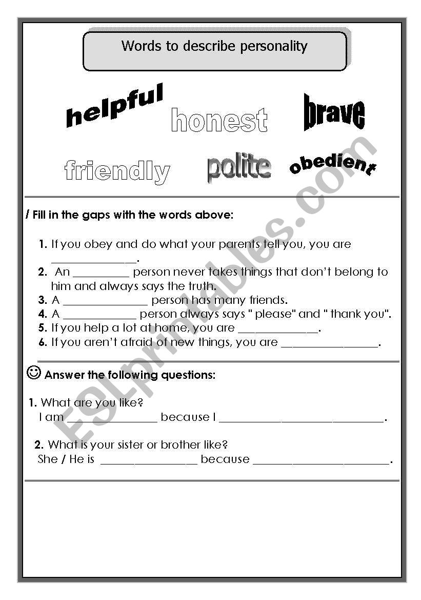 Words to describe personality worksheet