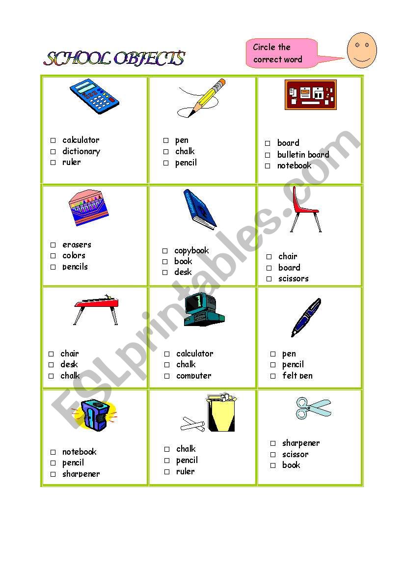 School objects worksheet