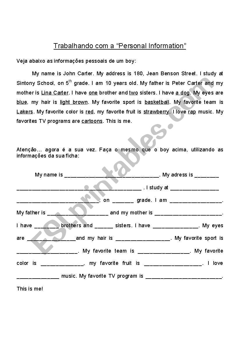 Personal information worksheet