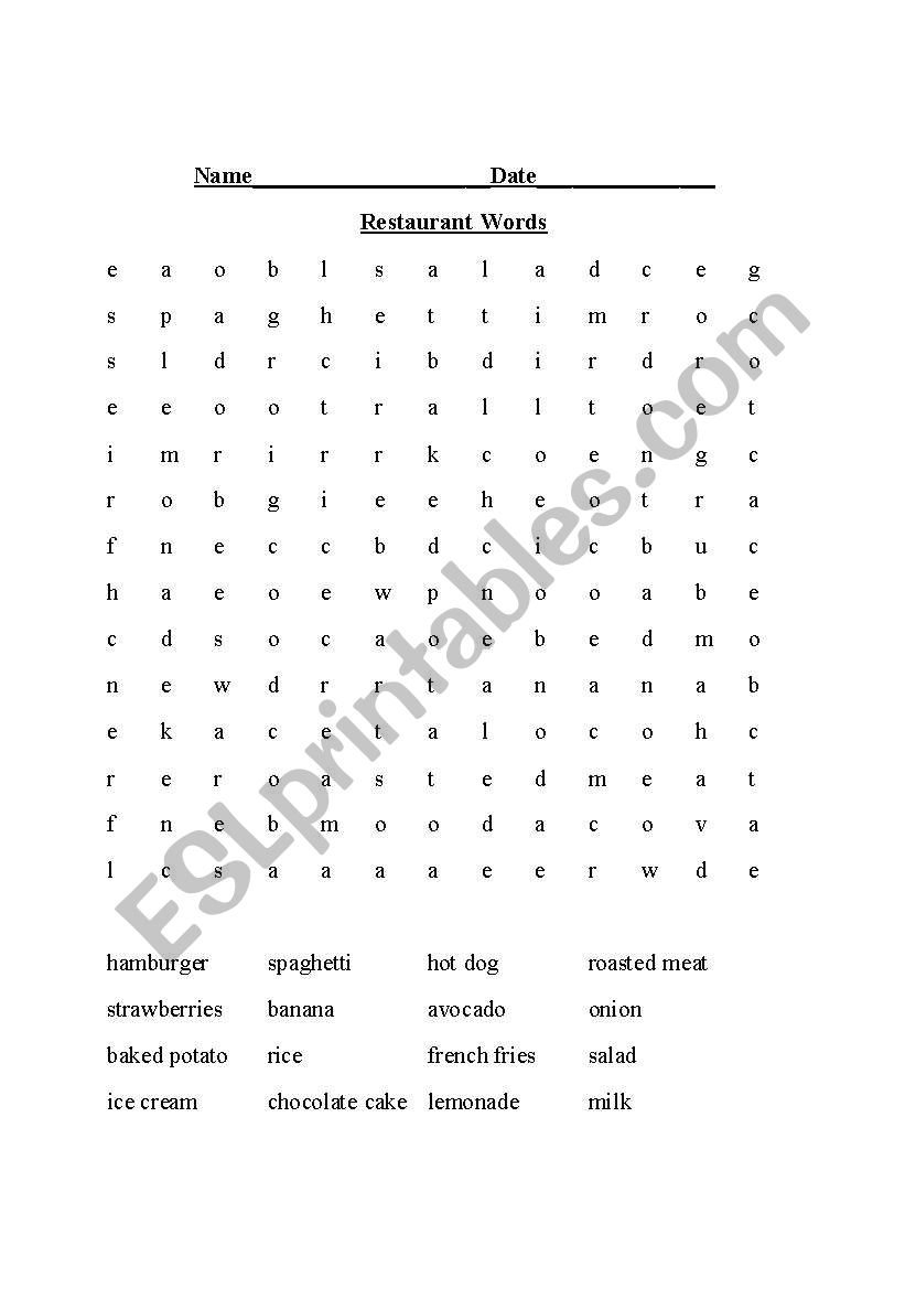 Restaurant Word Search worksheet