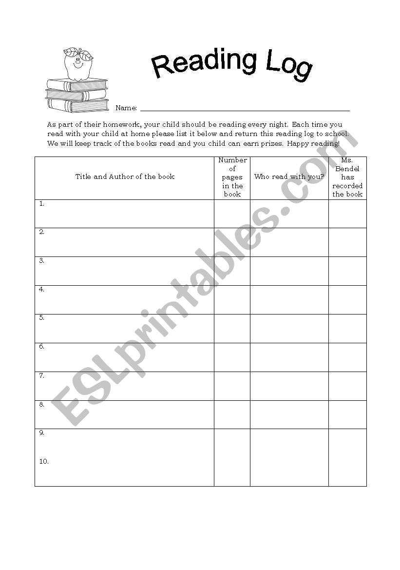 Reading Log worksheet