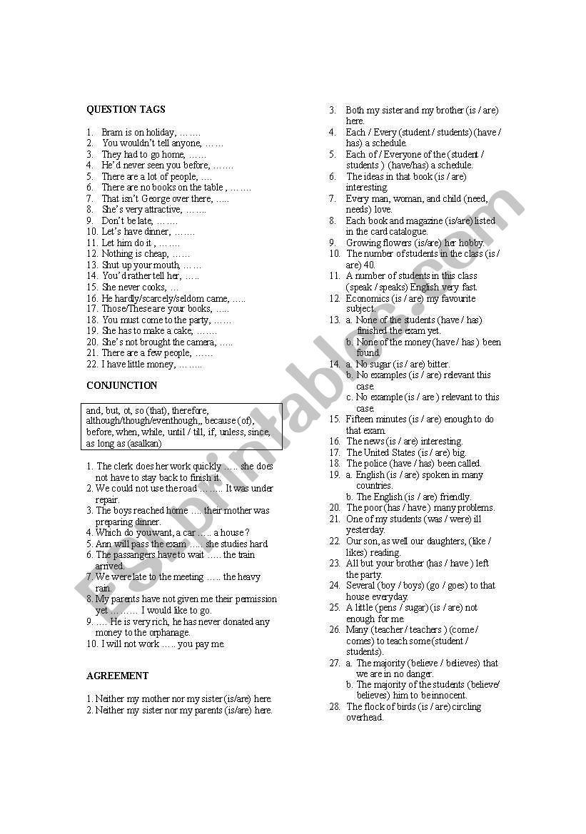 Miscellenous Exercises  : Question- tags, Agreement, Conjunction, Relative Clause, Indefinite Pronoun, etc