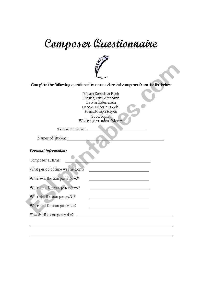Classical Composers worksheet