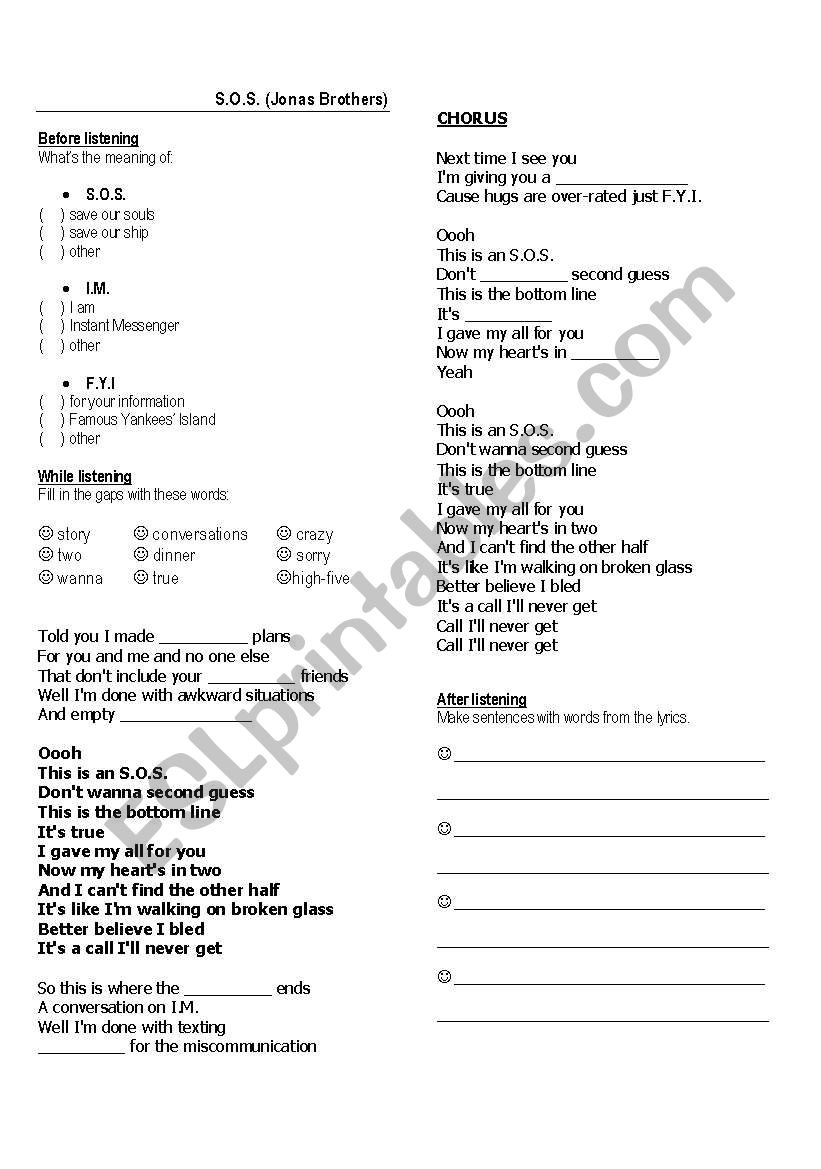 Song S.O.S. by Jonas Brothers worksheet
