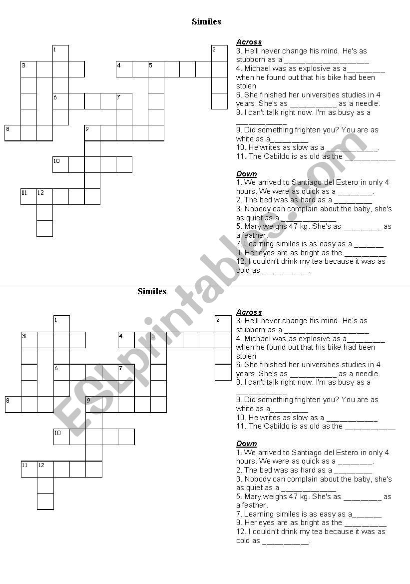 similes worksheet