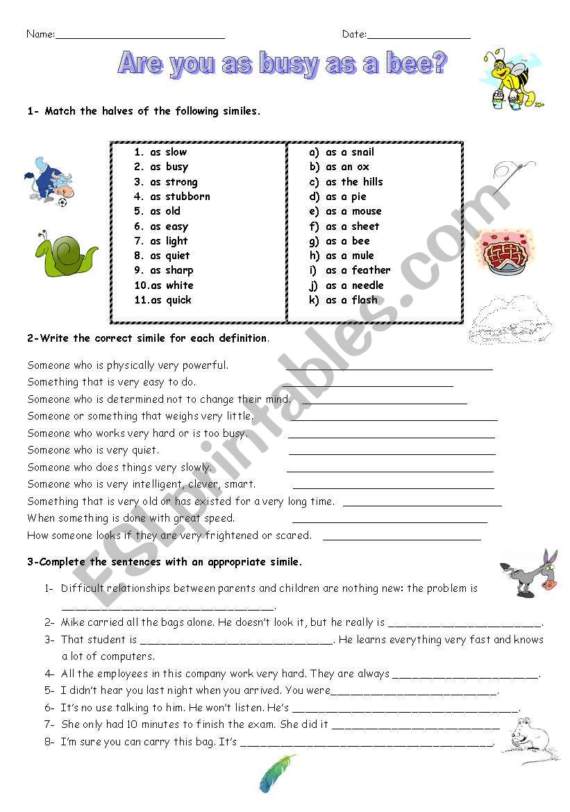 similes worksheet