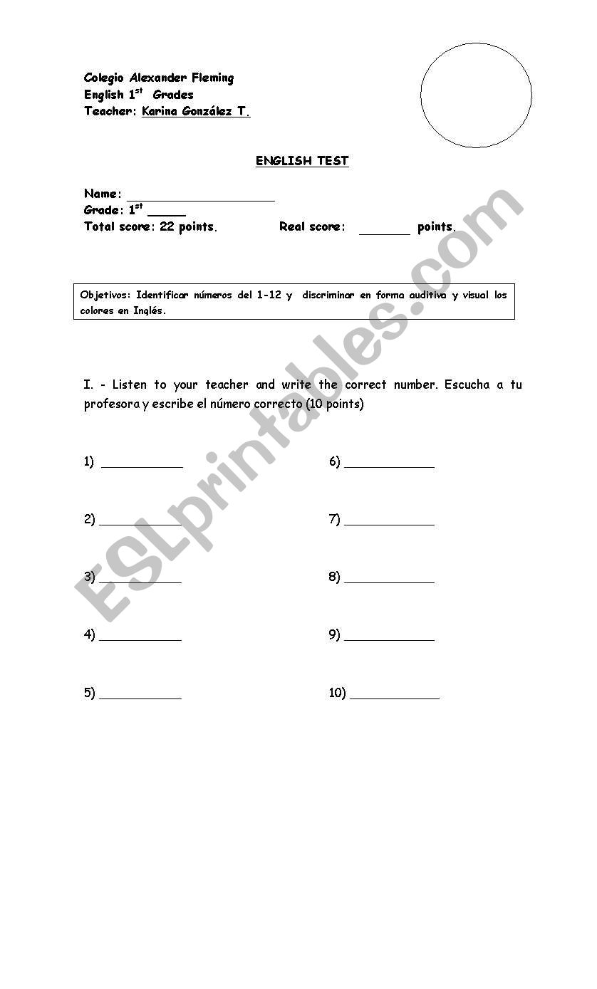 numbers and colours test worksheet
