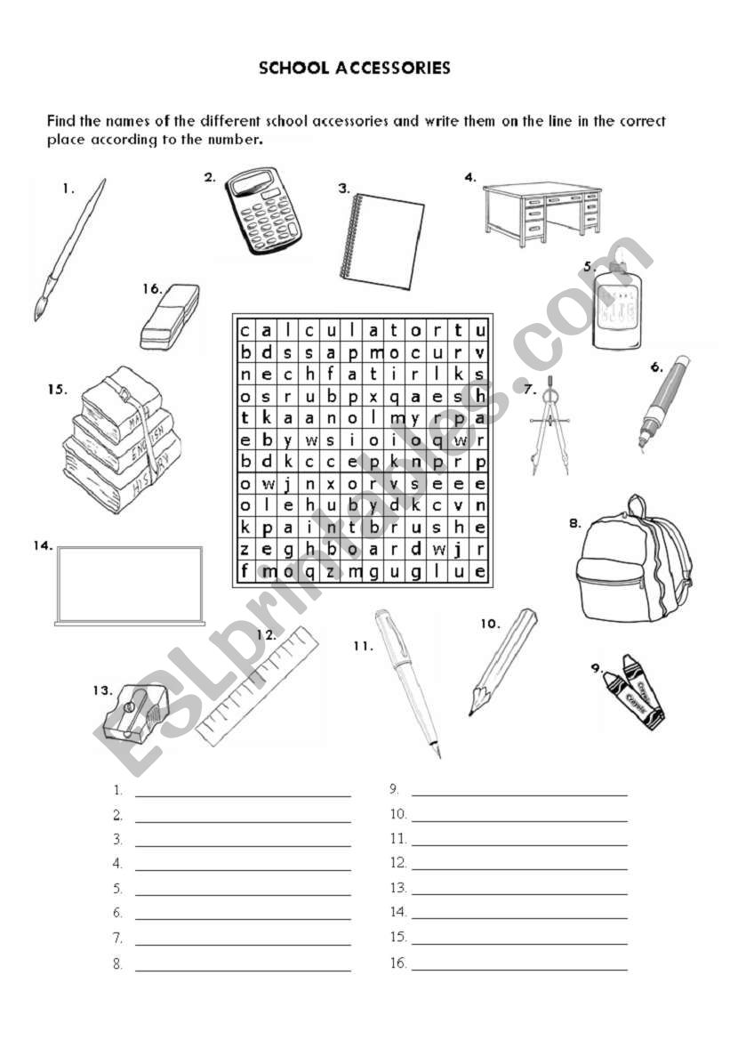 School Accessories worksheet