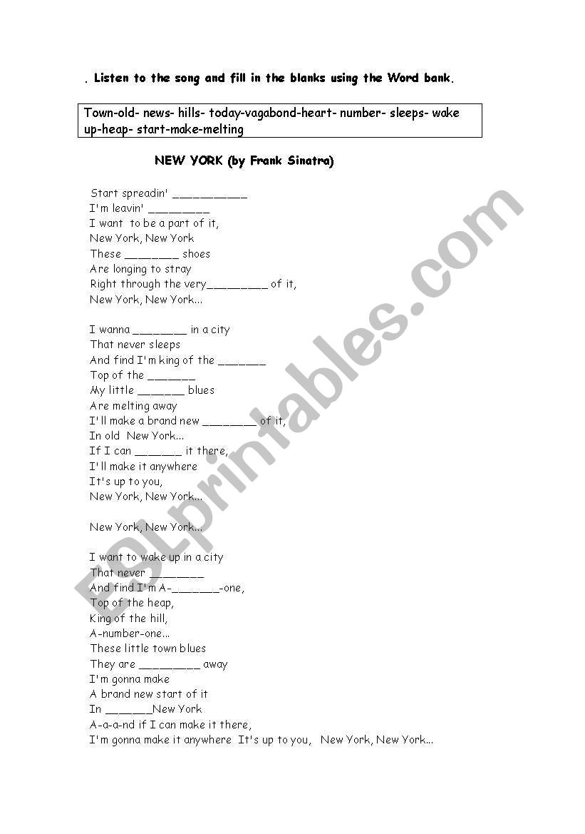 New York Lyric worksheet