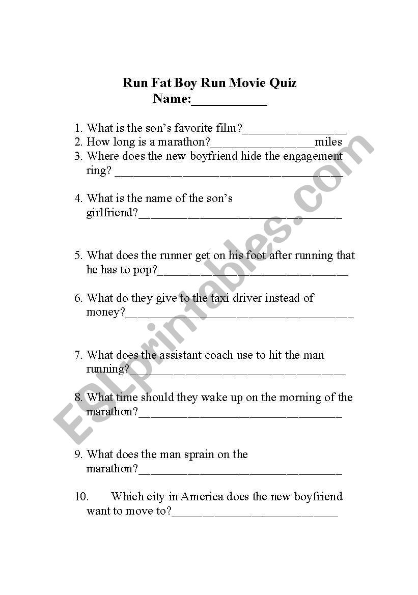 Run Fat Boy Run Movie Quiz worksheet