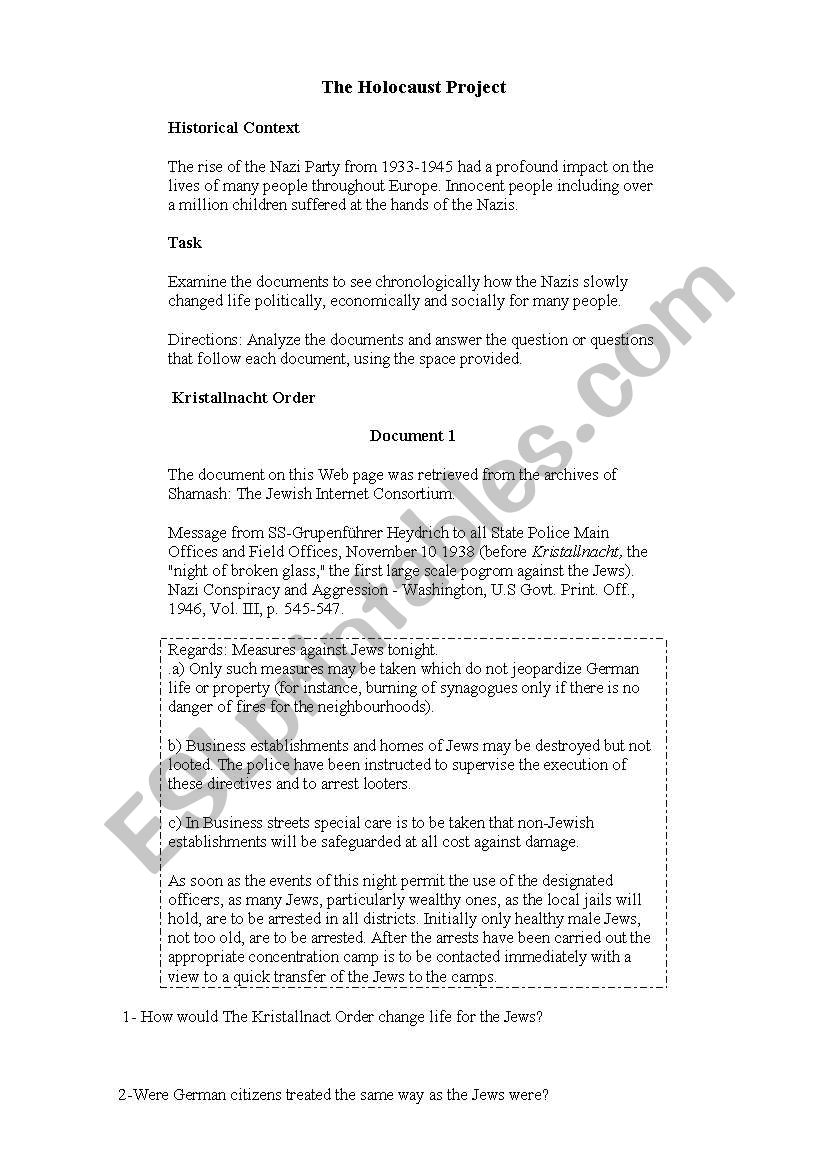 The Holocaust Project worksheet