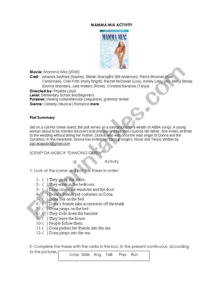 Mamma Mia Activity worksheet