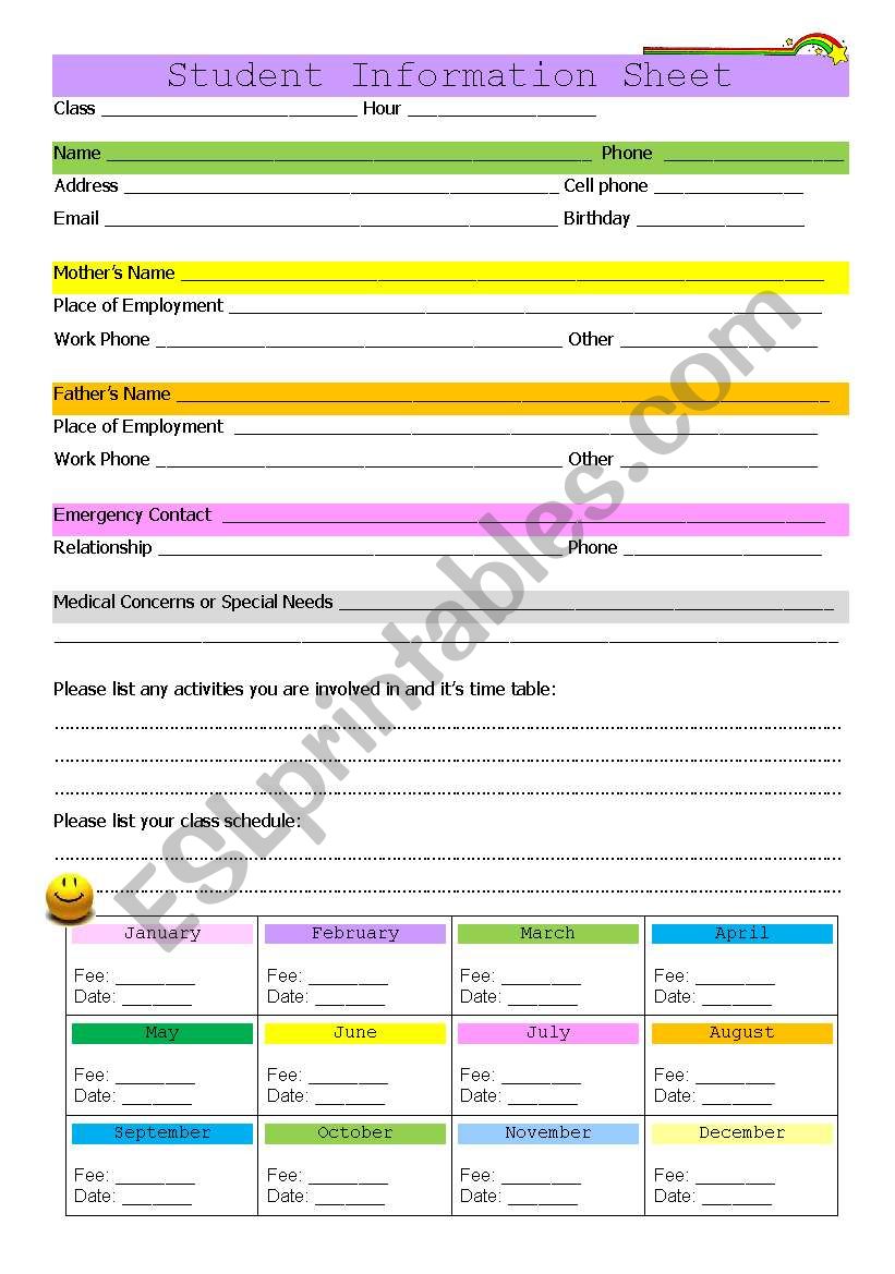 Student information Sheet worksheet