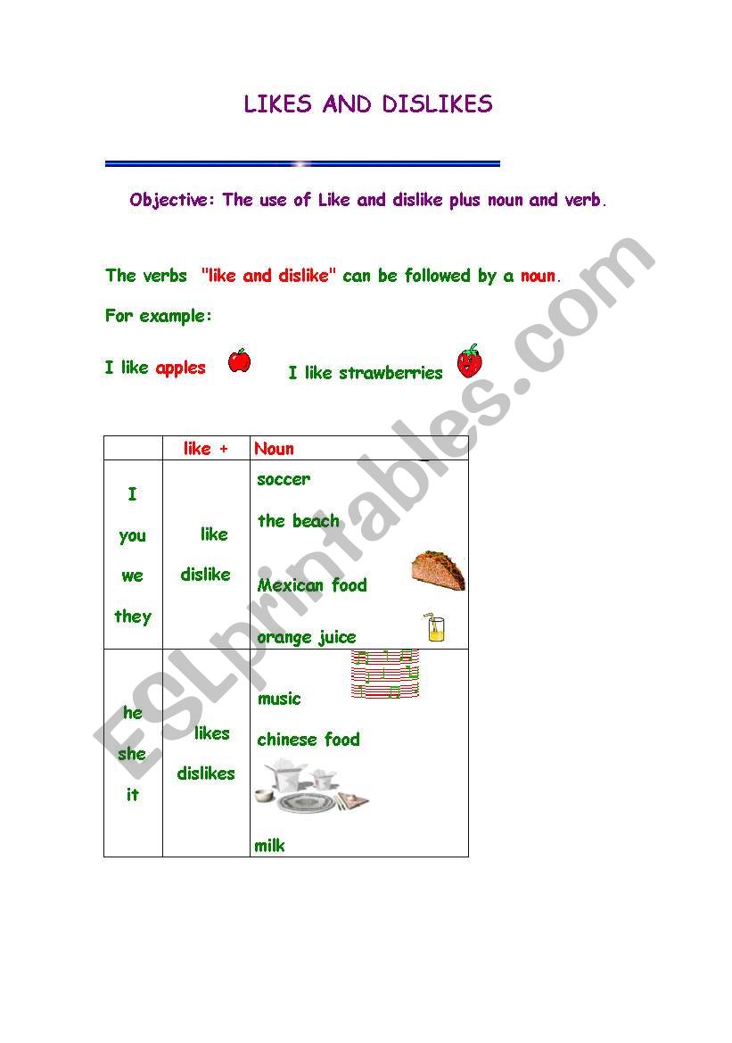 likes and dislikes worksheet