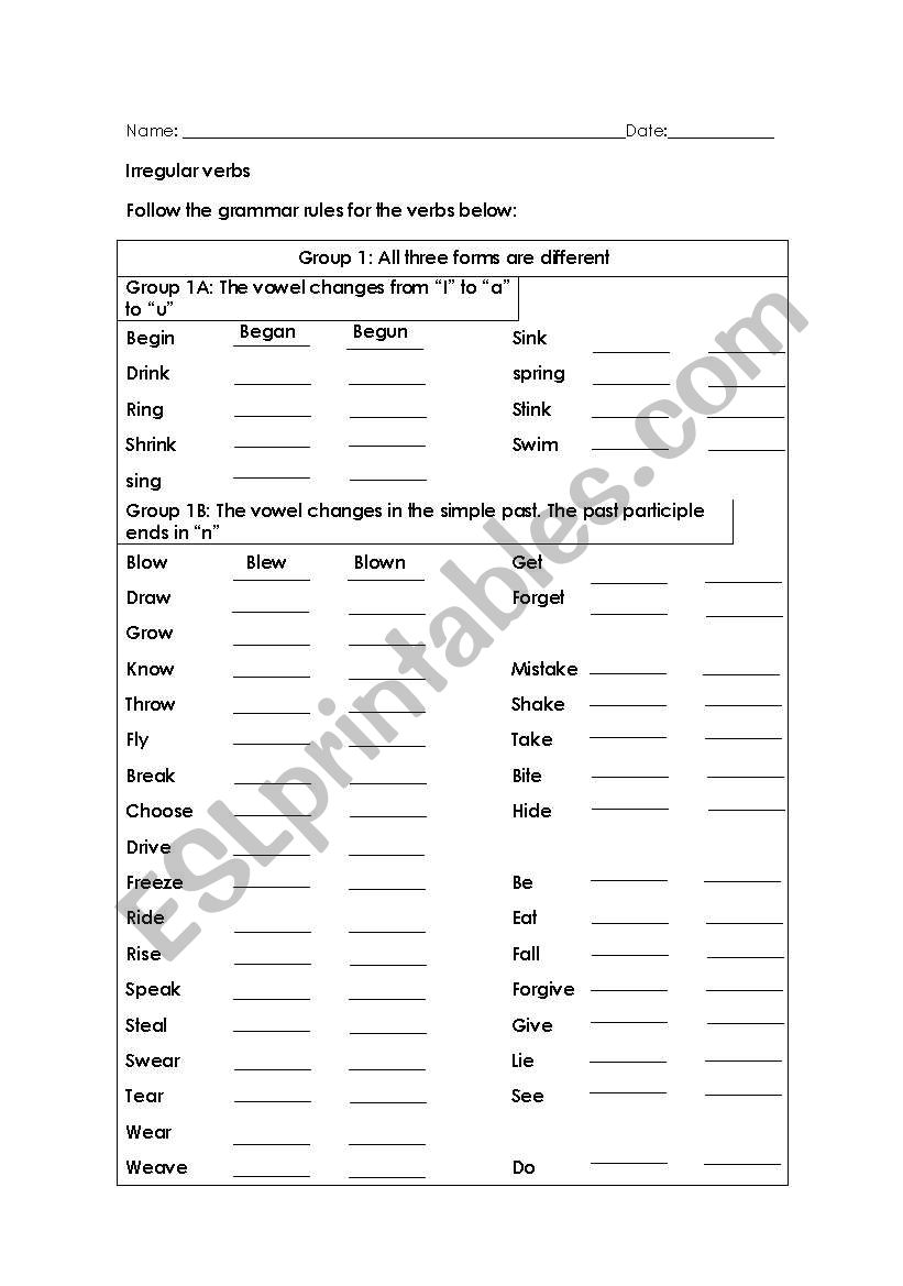 Irregular Verbs Chart Worksheet