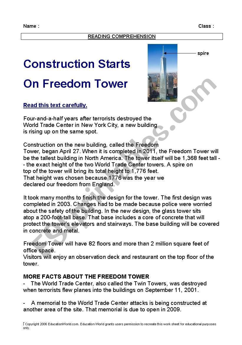 Reading : After 9/11: the Freedom Tower In New York. Text + comprehension exercise (right or wrong)