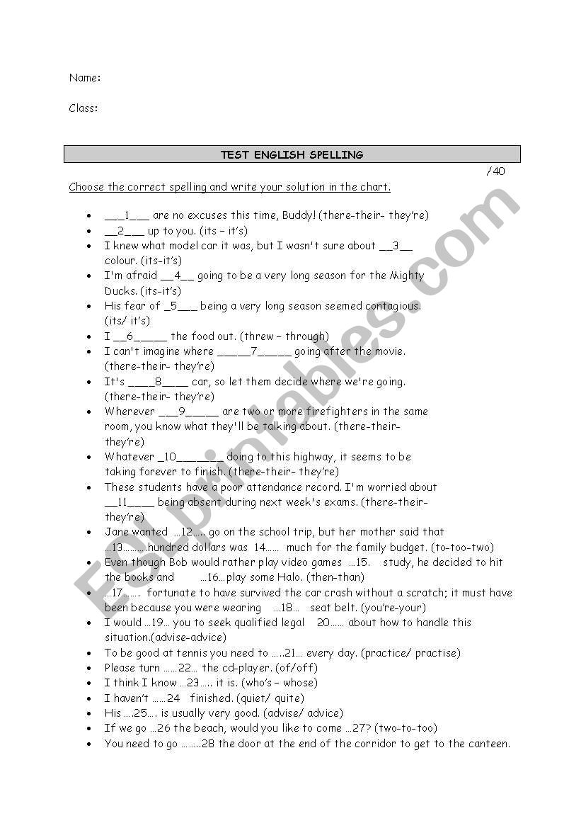 test spelling worksheet