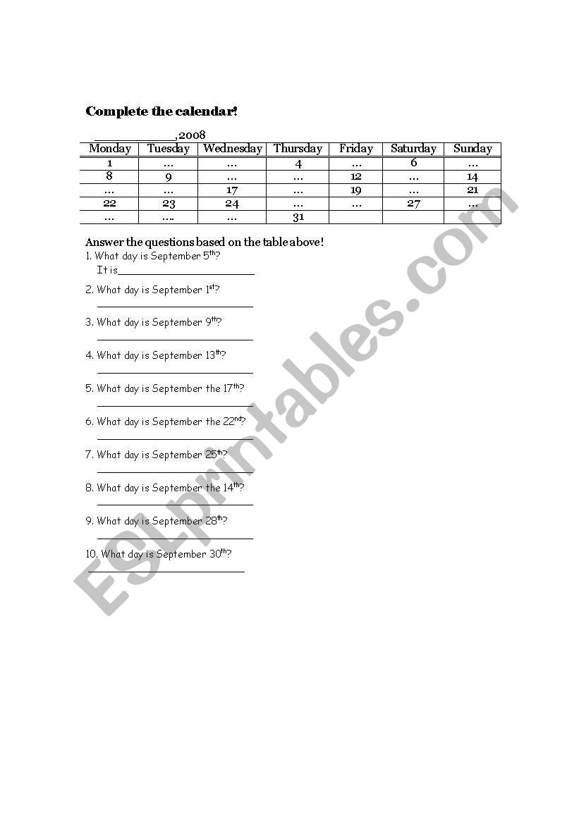 Calendar table worksheet