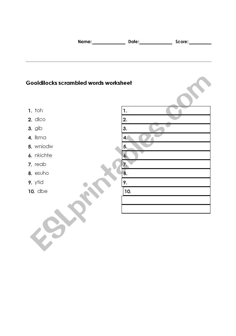 Scrambled words Goldilocks worksheet