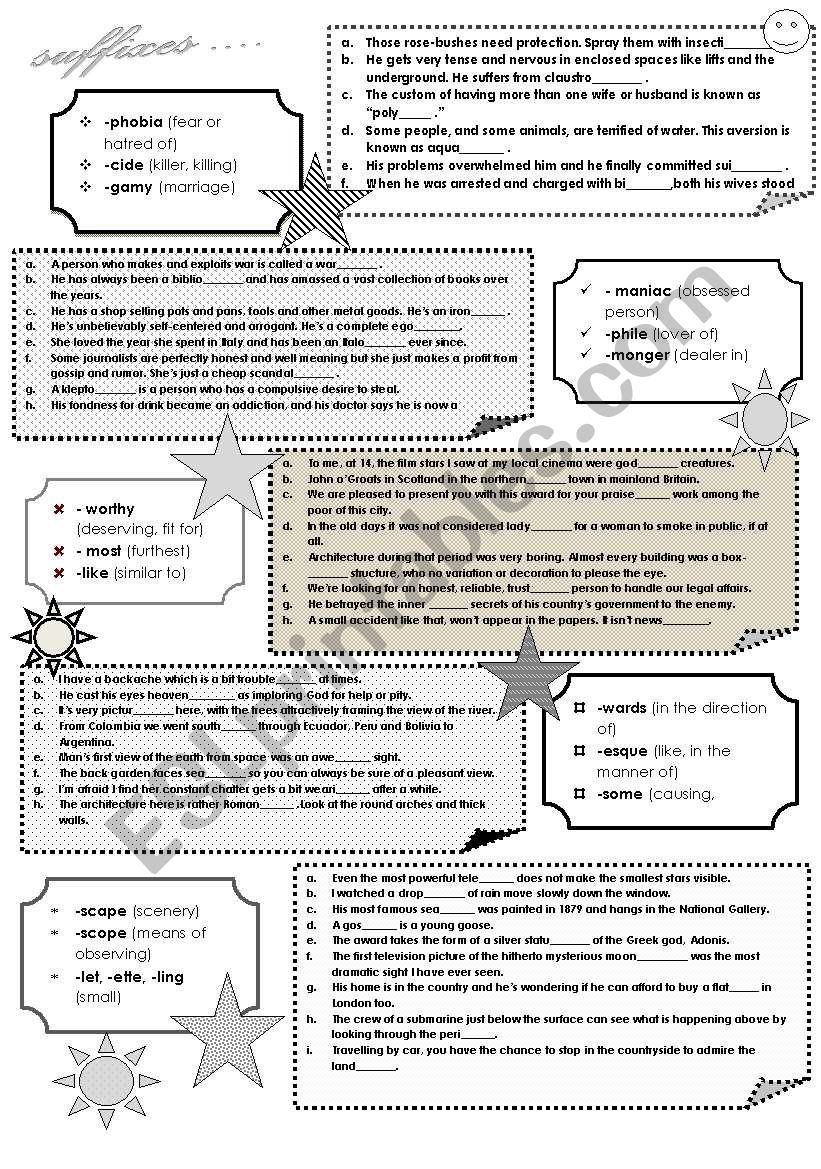 SUFFIXES IN BLACK AND WHITE worksheet