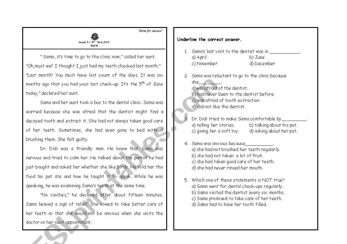 Reading comprehension worksheet