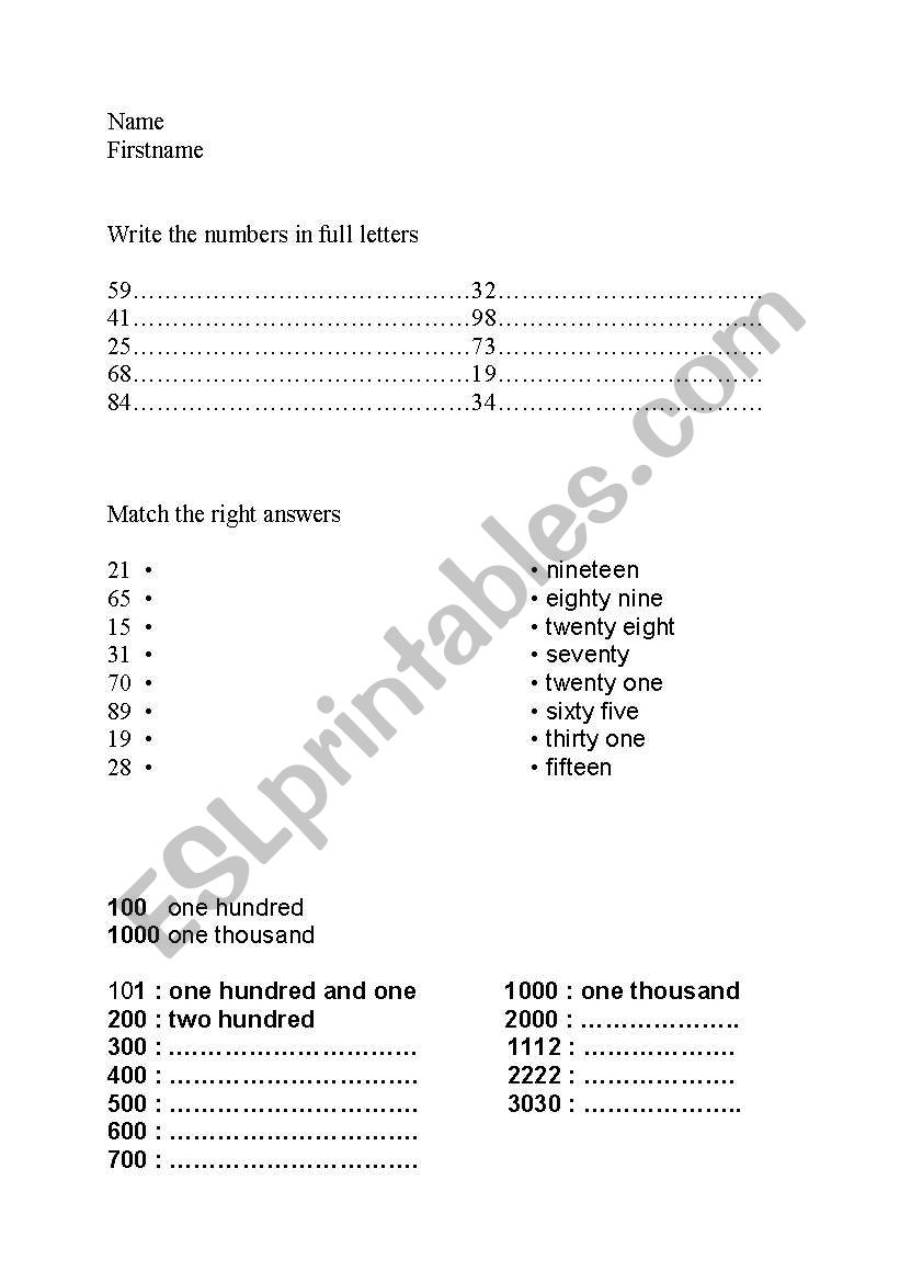 write numbers in full letters worksheet