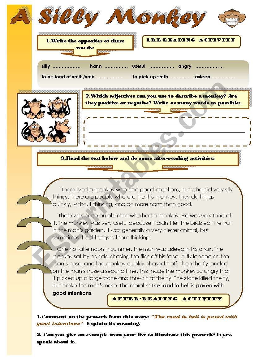 A SILLY MONKEY - READING COMPREHENSION FOR  PRE-INTERMEDIATE AND INTERMEDIATE STUDENTS (with B&W virsion)