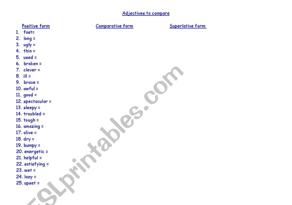 Adjectives to compare worksheet