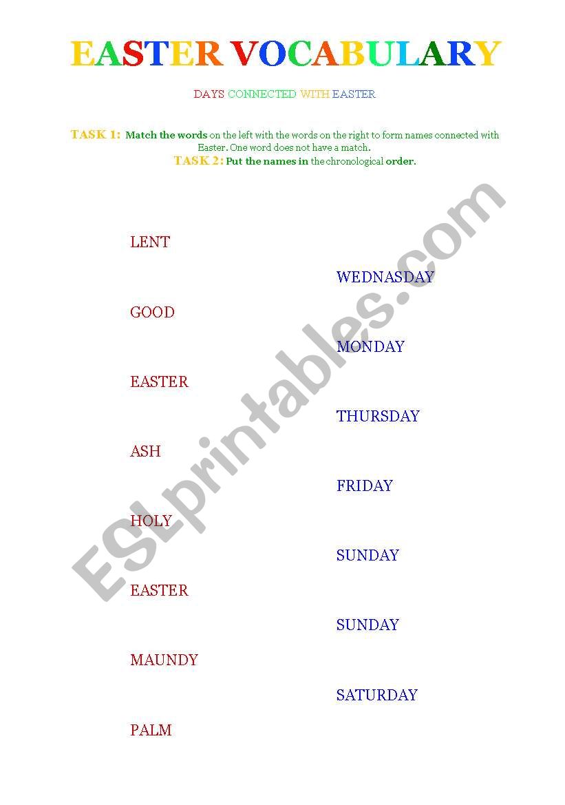 EASTER VOCAB - matching (Ash + Wednesday, Good + Friday, etc.)