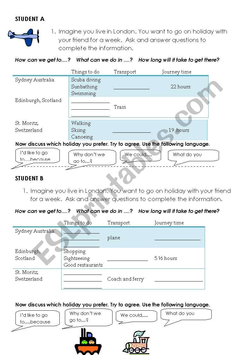 Information Gap Speaking Activity.  Travel Arrangements.