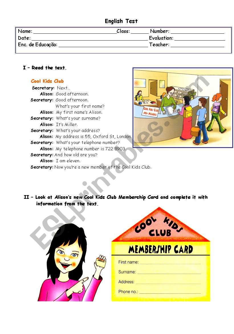 Personal Identification worksheet