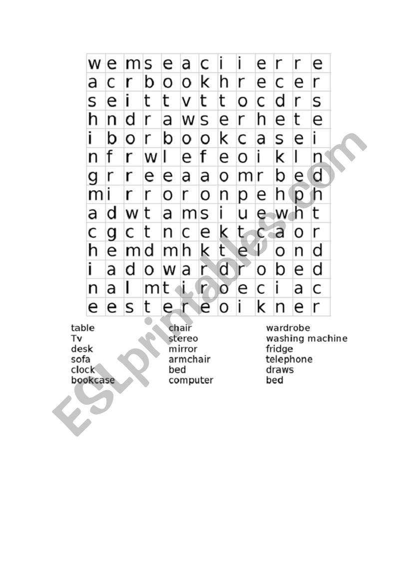 furniture wordsearch worksheet