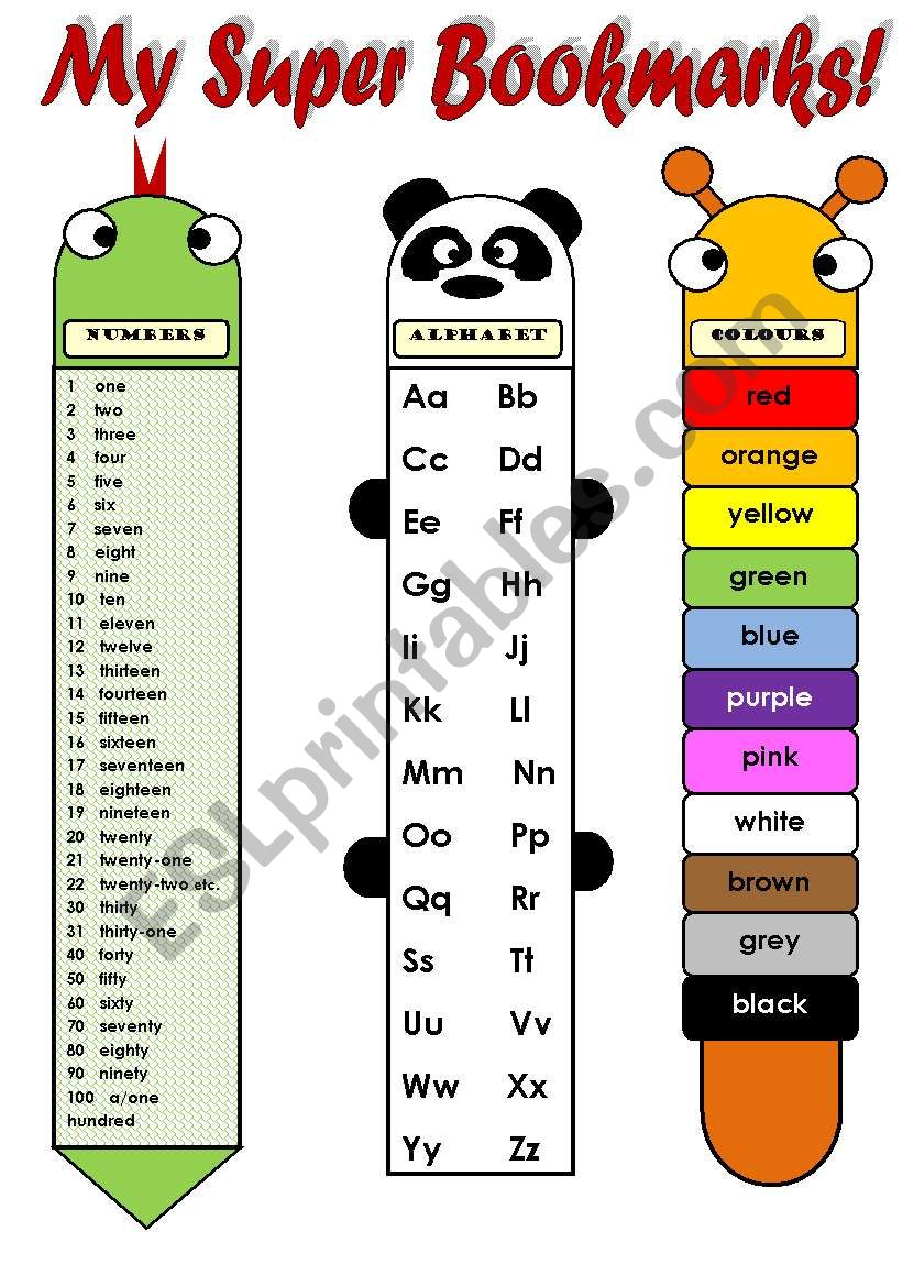 MY SUPER BOOKMARKS! (EDITABLE!!!) - FUNNY VOCABULARY BOOKMARKS FOR KIDS (numbers 1-100, alphabet, colours, body parts and days of the week) 2 pages B&W version included