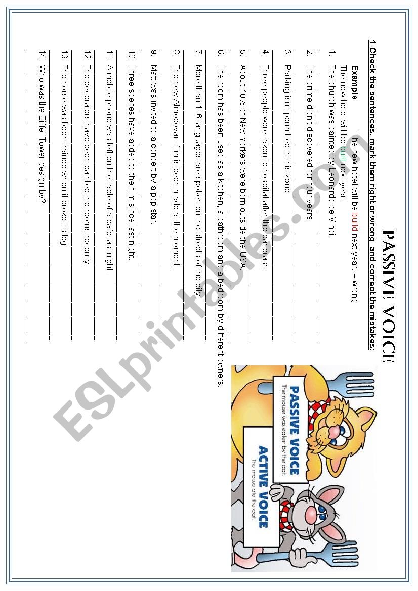 Passive voice activities: true/false, active to passive, put the words in order