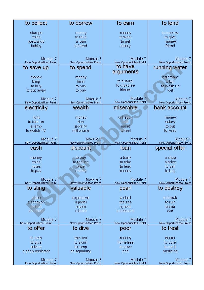 taboo cards to revise the words New Opportunities Pre-intermediate module 7