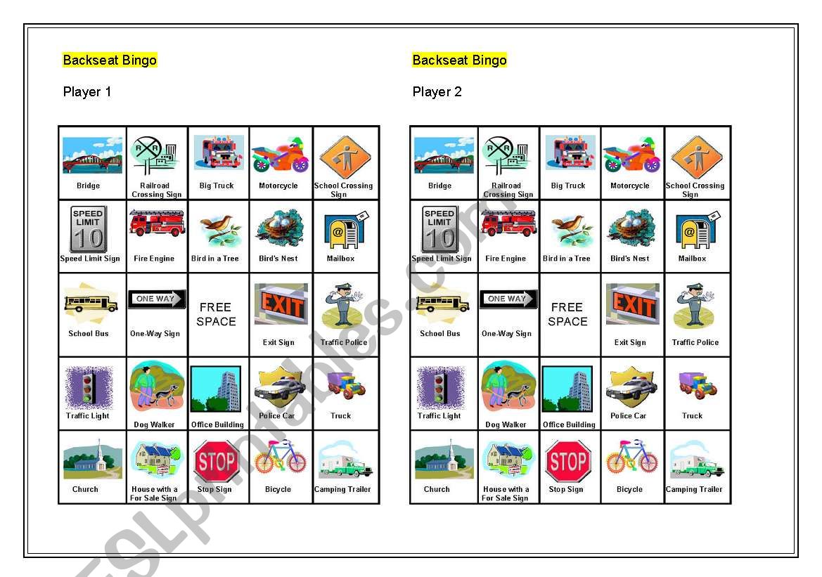 Backseat Bingo worksheet