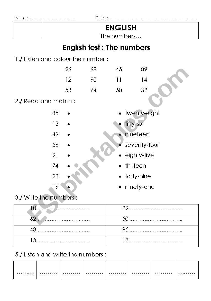 english test the numbers worksheet