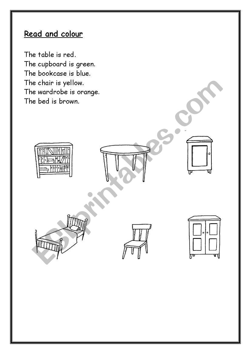 Read and colour the furniture worksheet