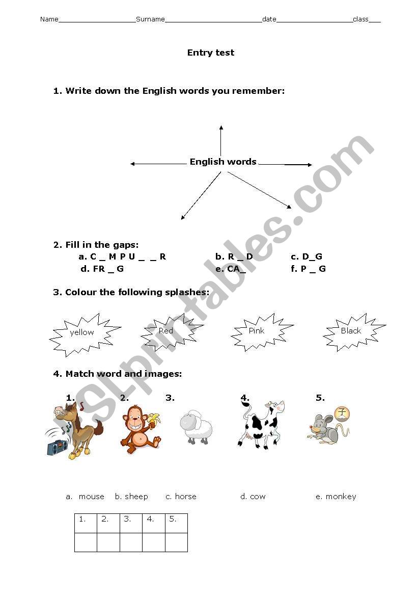 Entry test worksheet