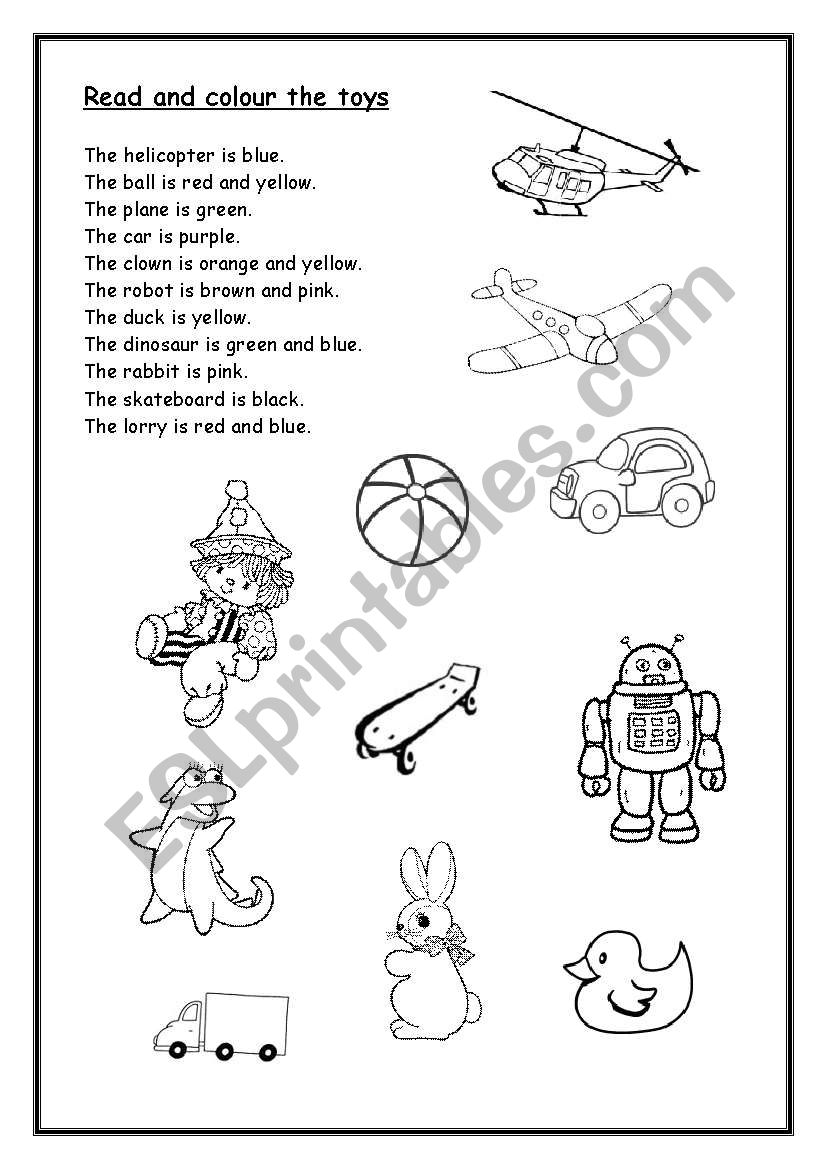 Read and colour the toys worksheet